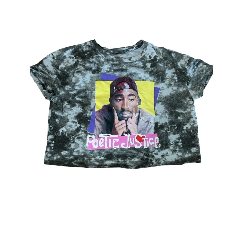 Vintage Y2K Poetic Justice Tupac Shakur Graphic Crop Top Tee Sz XL Gray Tie-Dye